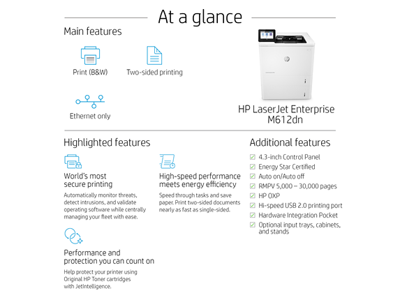 HP M612dn LaserJet Enterprise PRINCIPALES FONCTIONNALITÉS